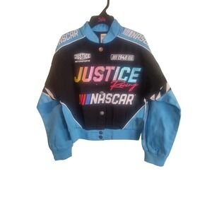 NASCAR x Justice Girls Racing Jacket Black Blue Iridescent Snap Front Size 7/8